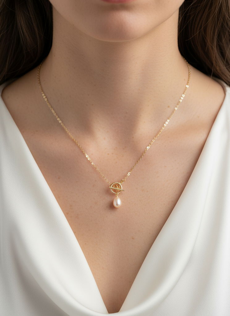 Dainty Pearl Drop Toggle Necklace